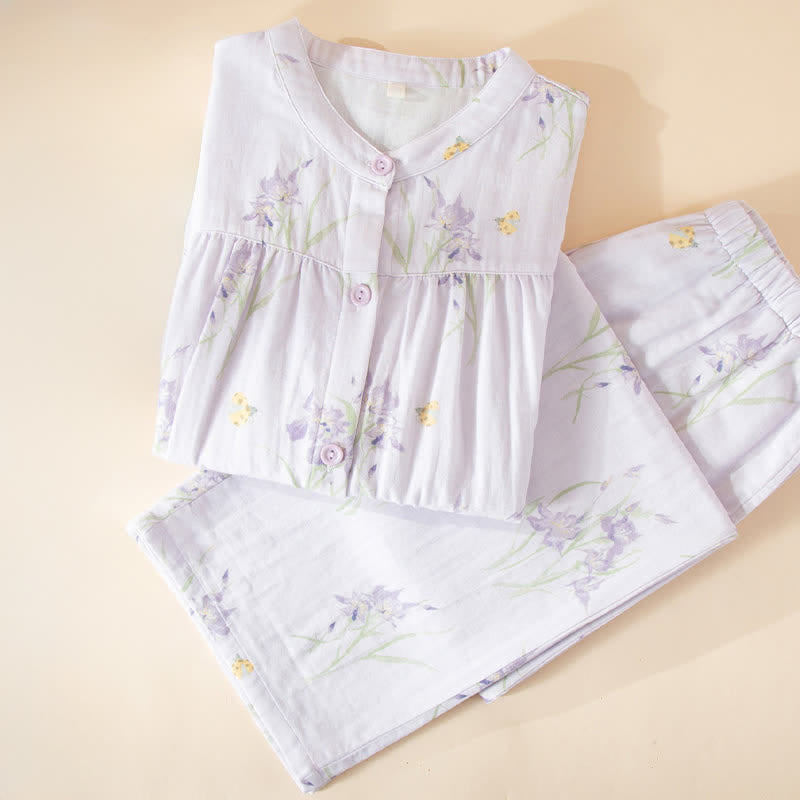 Elegant Purple Floral Cotton Gauze Pajamas
