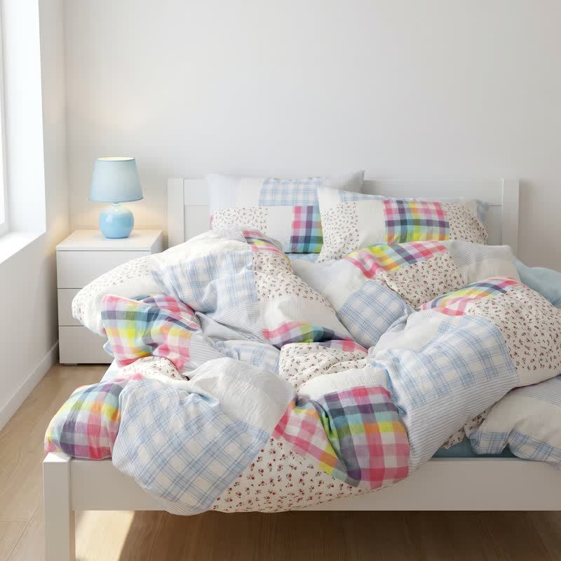 Rainbow Plaid Patchwork Floral Cotton Bedding Set