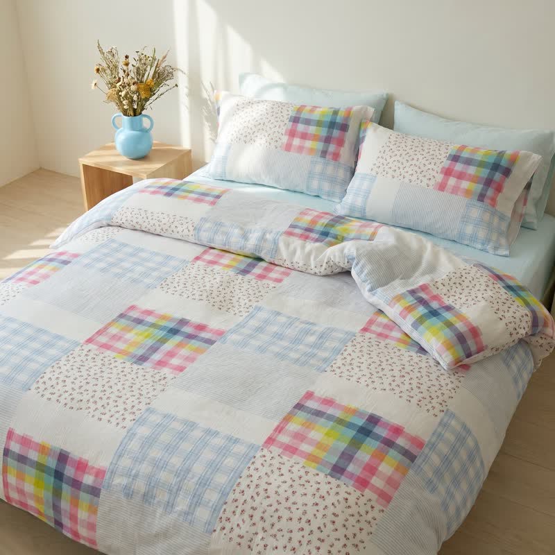 Rainbow Plaid Patchwork Floral Cotton Bedding Set