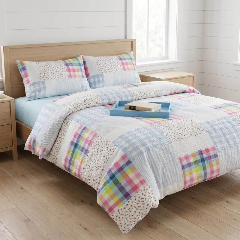 Rainbow Plaid Patchwork Floral Cotton Bedding Set