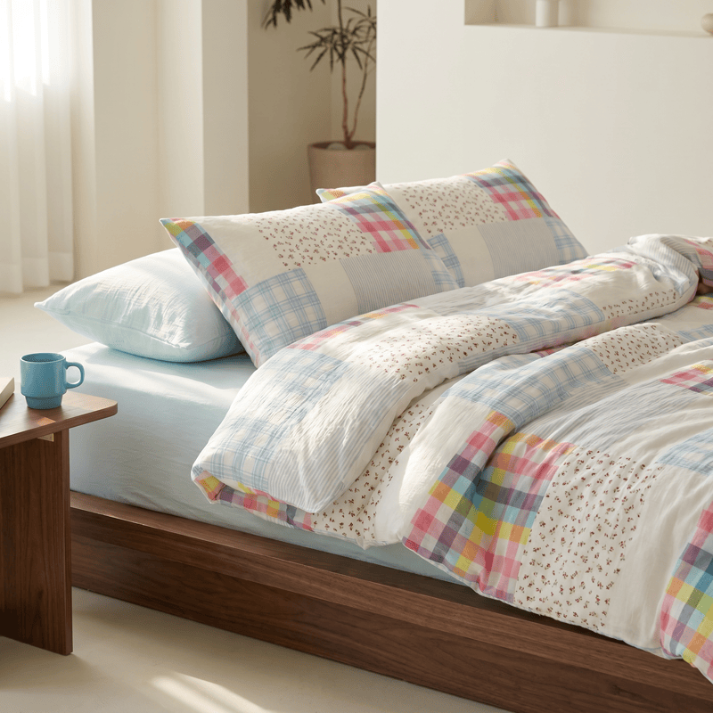 Rainbow Plaid Patchwork Floral Cotton Bedding Set