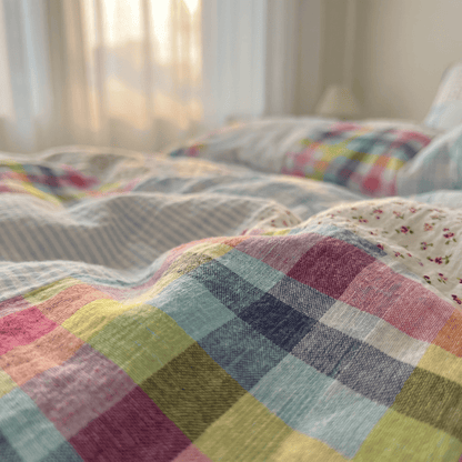 Rainbow Plaid Patchwork Floral Cotton Bedding Set