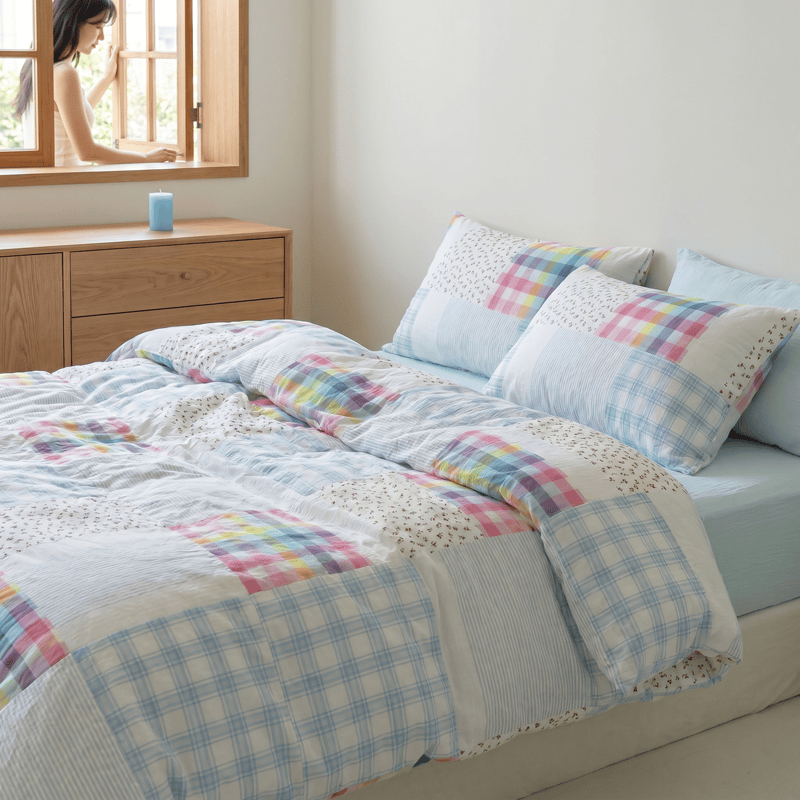 Rainbow Plaid Patchwork Floral Cotton Bedding Set