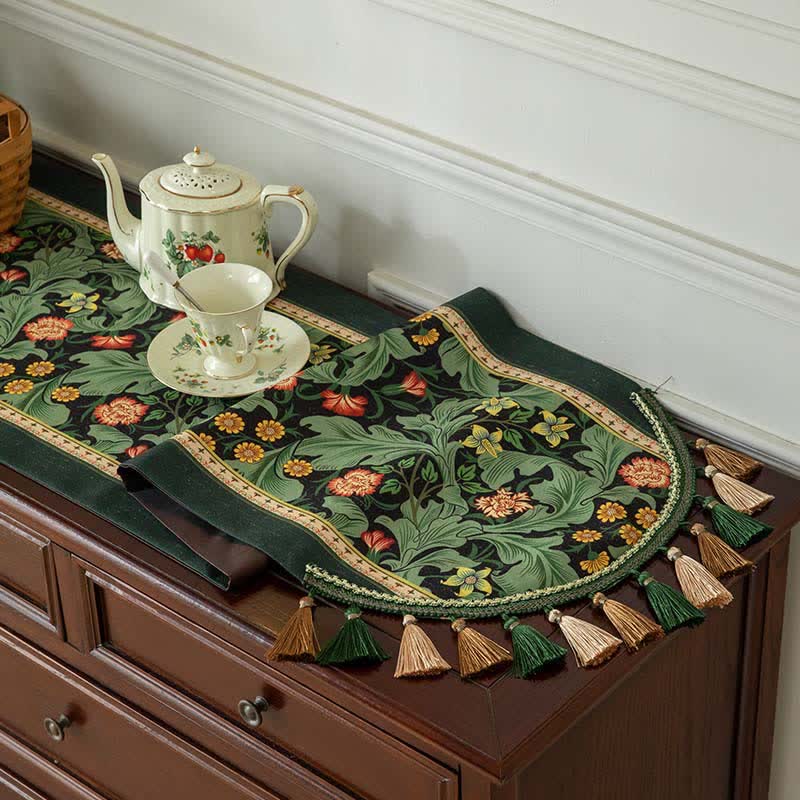 Tropical Botanical Table Runner with Tassel Trim