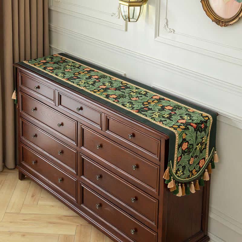 Tropical Botanical Table Runner with Tassel Trim