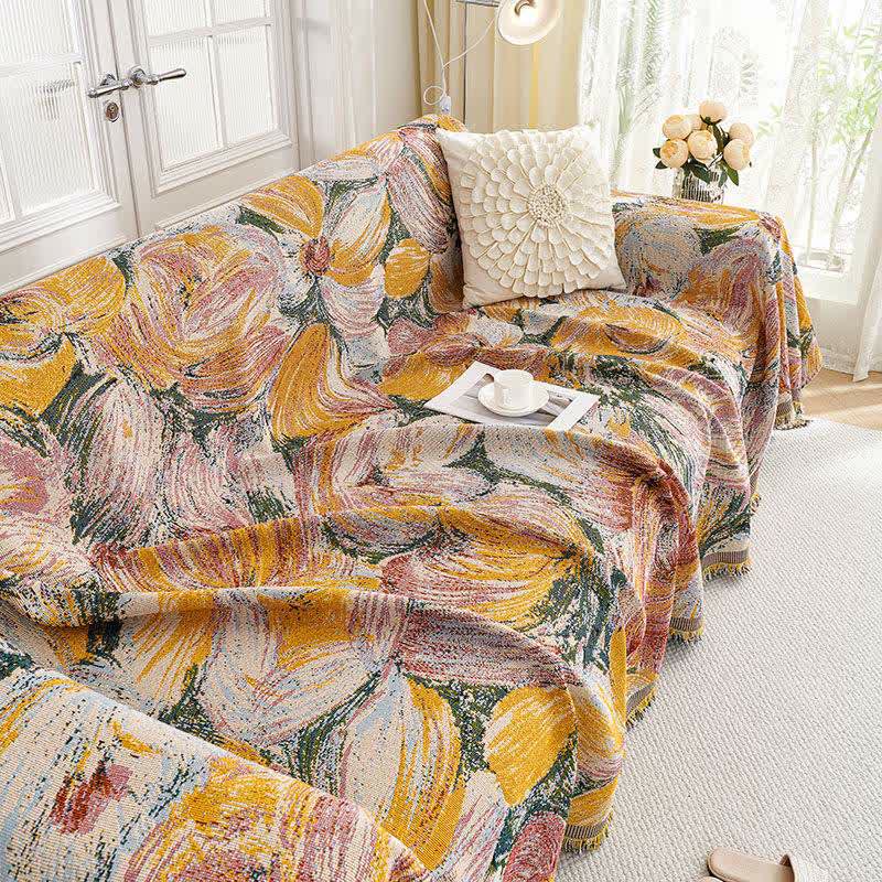 Abstract Floral Tassel Trim Sofa Protector