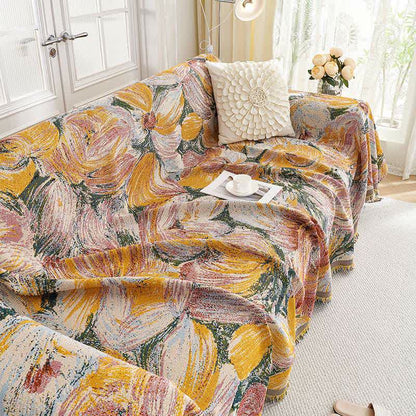 Abstract Floral Tassel Trim Sofa Protector