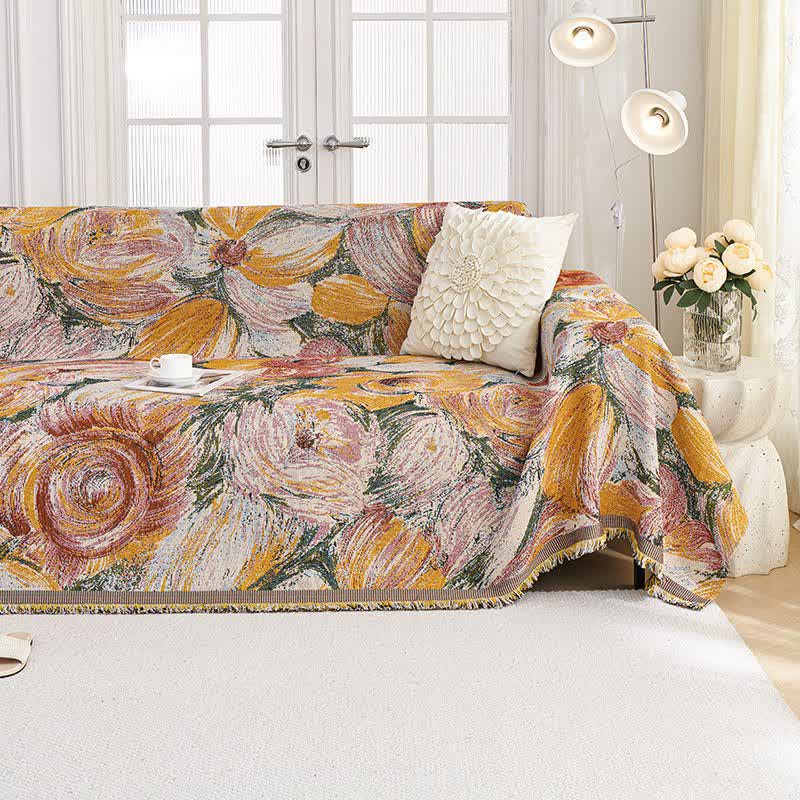Abstract Floral Tassel Trim Sofa Protector