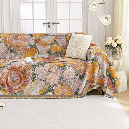 Abstract Floral Tassel Trim Sofa Protector