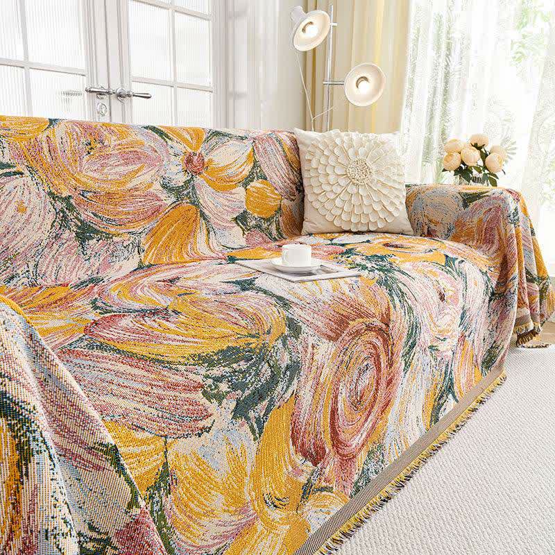Abstract Floral Tassel Trim Sofa Protector