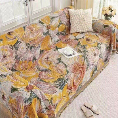 Abstract Floral Tassel Trim Sofa Protector