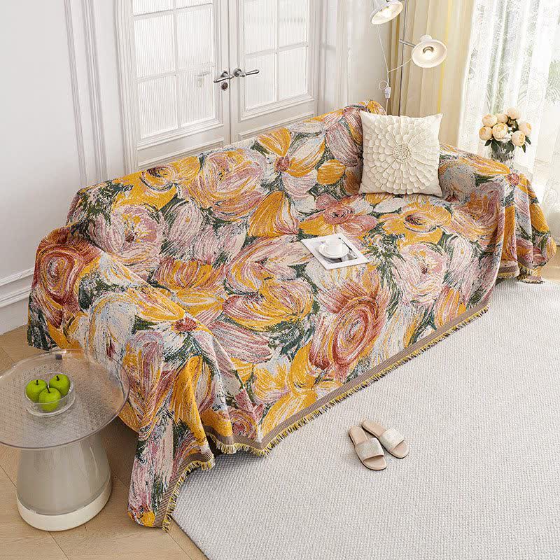 Abstract Floral Tassel Trim Sofa Protector
