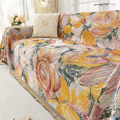 Abstract Floral Tassel Trim Sofa Protector