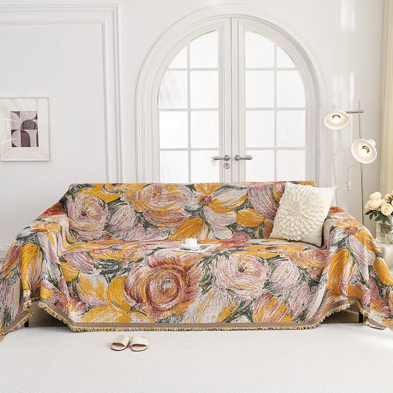 Abstract Floral Tassel Trim Sofa Protector