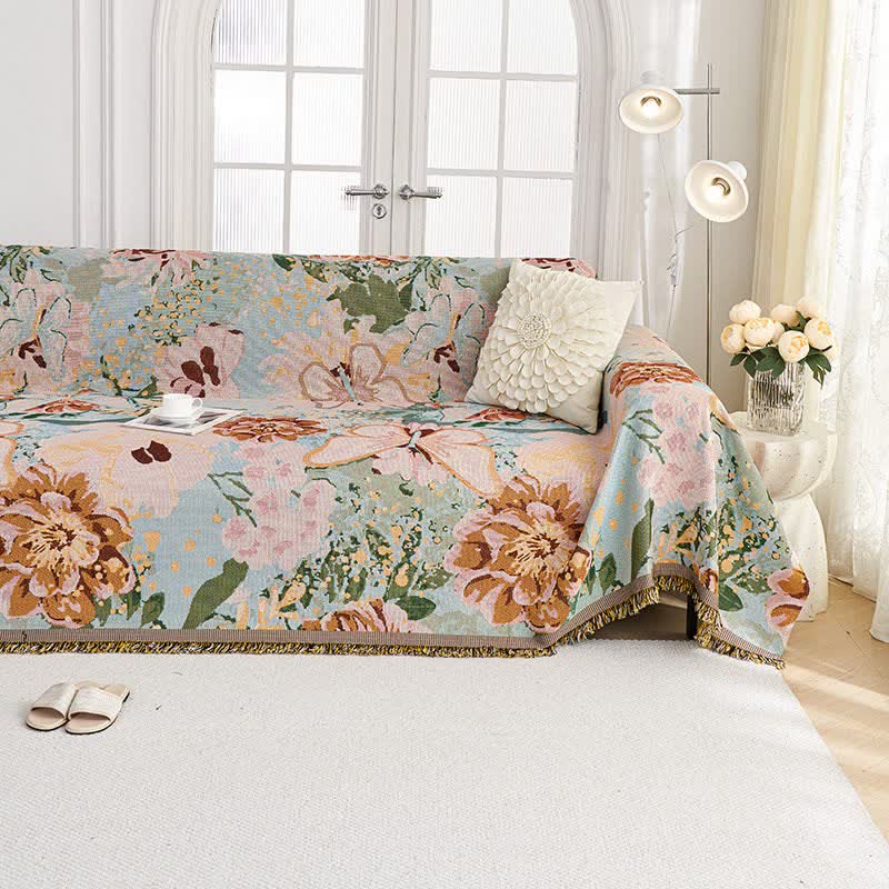 Oil Painting Floral Tassel Sofa Protector
