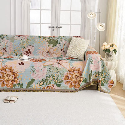 Oil Painting Floral Tassel Sofa Protector