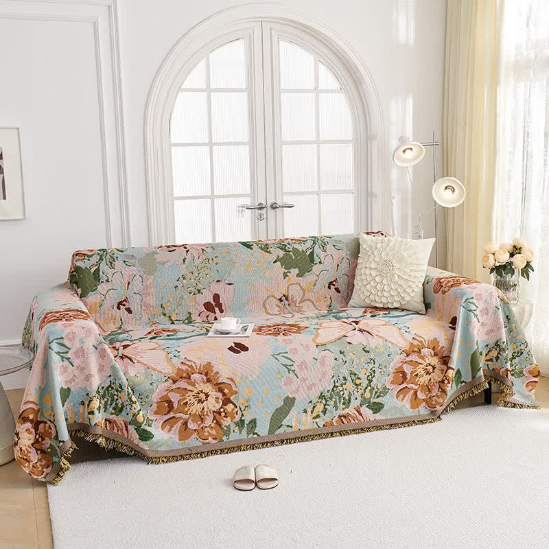 Oil Painting Floral Tassel Sofa Protector
