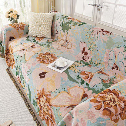 Oil Painting Floral Tassel Sofa Protector