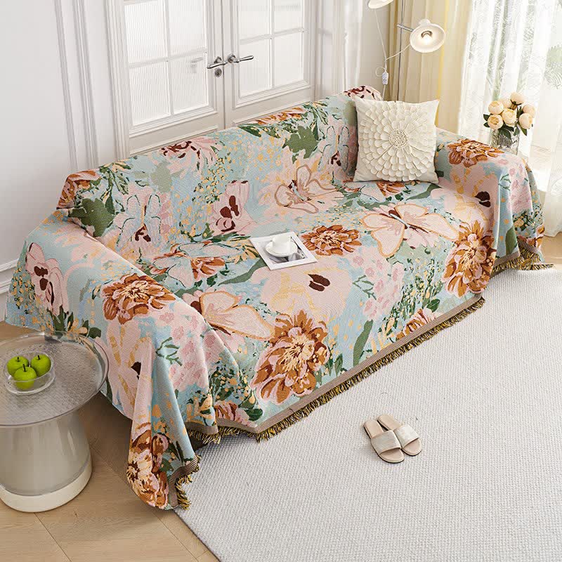 Oil Painting Floral Tassel Sofa Protector