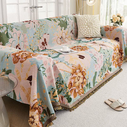 Oil Painting Floral Tassel Sofa Protector