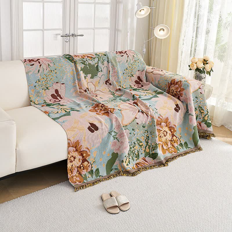 Oil Painting Floral Tassel Sofa Protector