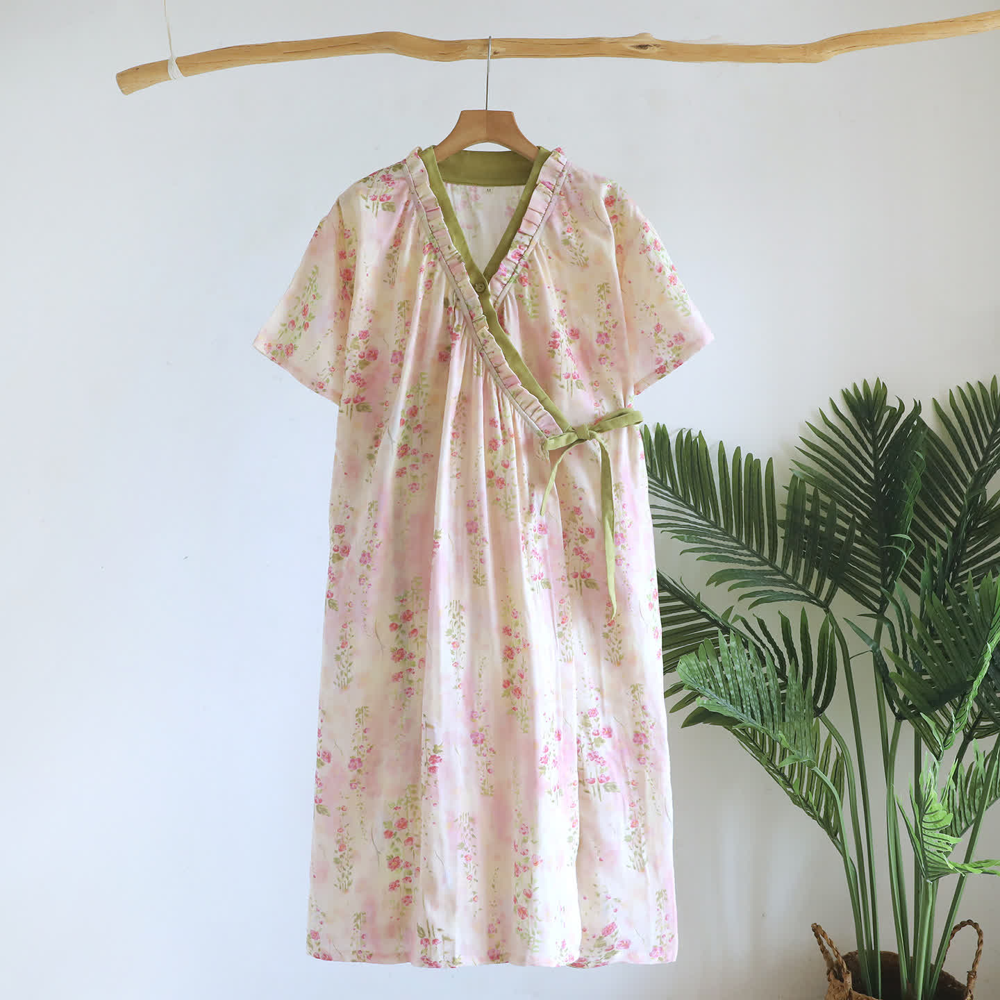 Kimono Floral Cotton Gauze Ruffle Trim Nightdress