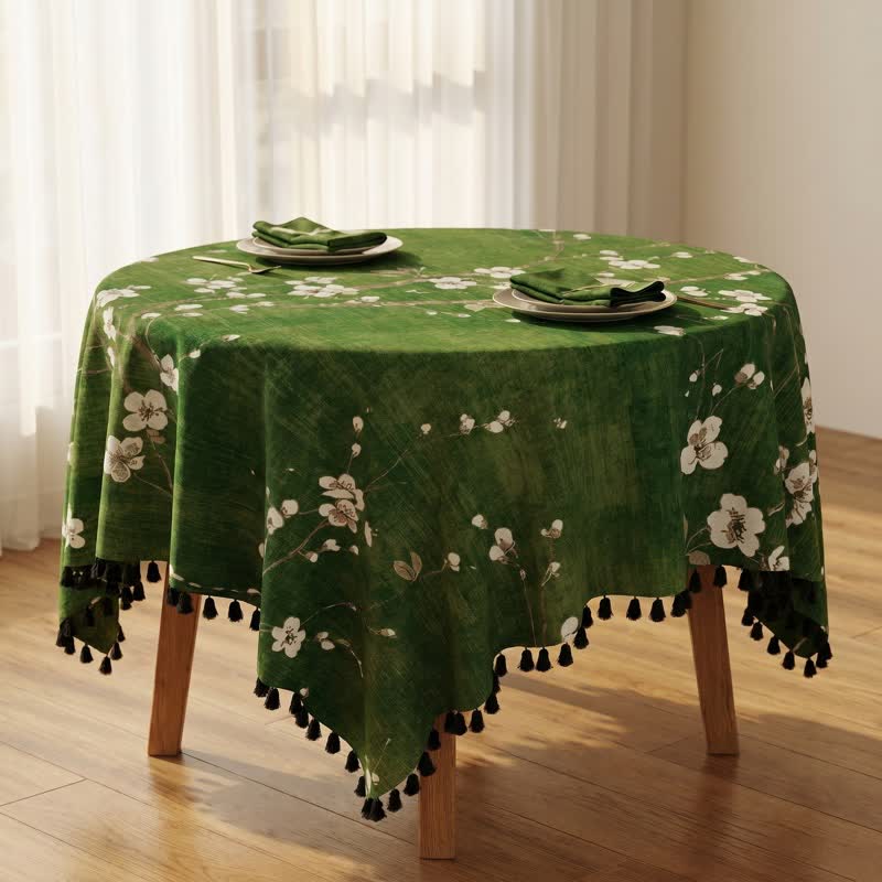 Vintage White Plum Blossom Tassel Tablecloth