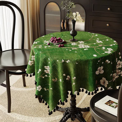 Vintage White Plum Blossom Tassel Tablecloth