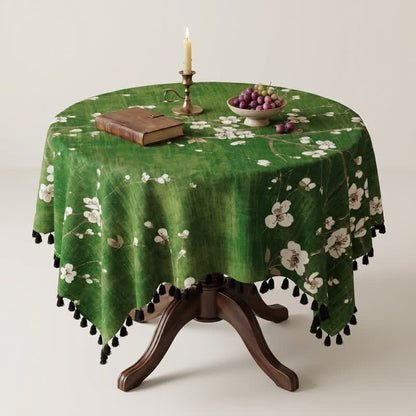 Vintage White Plum Blossom Tassel Tablecloth