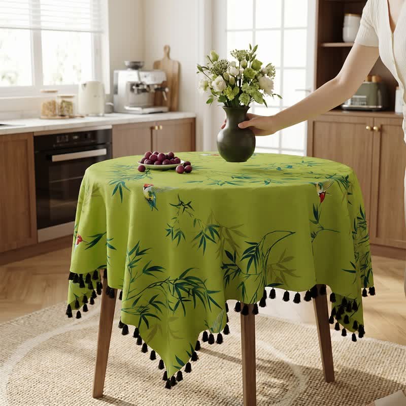 Green Bamboo Bird Tassel Tablecloth