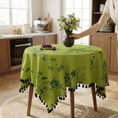 Green Bamboo Bird Tassel Tablecloth