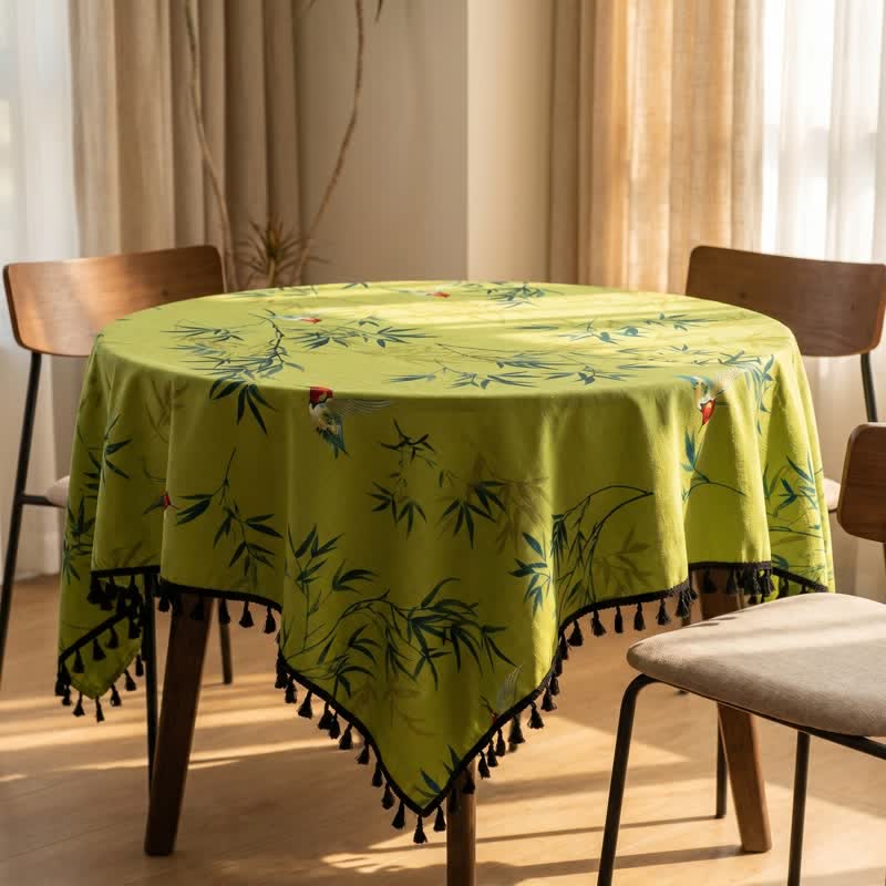 Green Bamboo Bird Tassel Tablecloth
