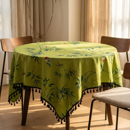 Green Bamboo Bird Tassel Tablecloth