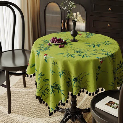Green Bamboo Bird Tassel Tablecloth