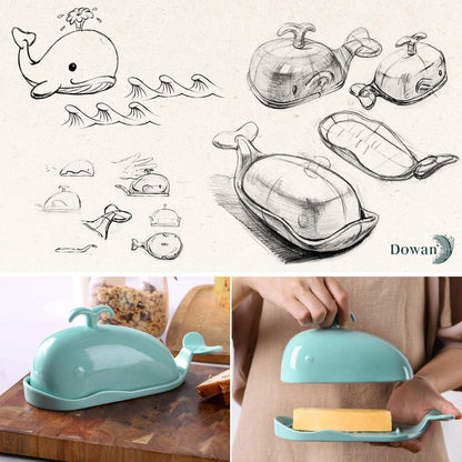 DOWAN Whale Butter Dish, Cute Butter Dish, Funny Gifts for Mom Wife Friends, Fish Bone Cutting Measuring Lines and Tail Non-Slip Design, Ideal Decor Gift for Birthday Wedding Housewarming, Turquoise Butter Dishes Dining & Entertaining Dinnerware & Serveware Home & Kitchen Kitchen & Dining Serveware