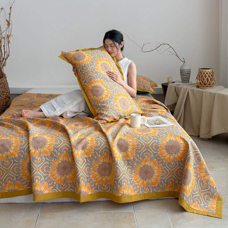 Boho Sunflower 3-Layer Muslin Cotton Quilt