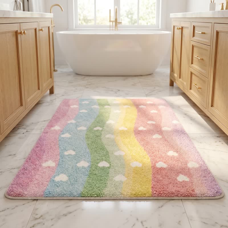Rainbow Heart Non-Slip Faux Fur Bathroom Rug