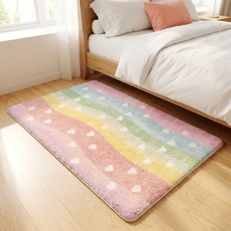 Rainbow Heart Non-Slip Faux Fur Bathroom Rug