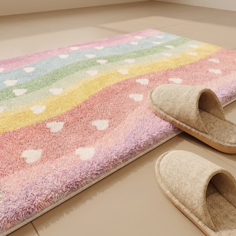 Rainbow Heart Non-Slip Faux Fur Bathroom Rug