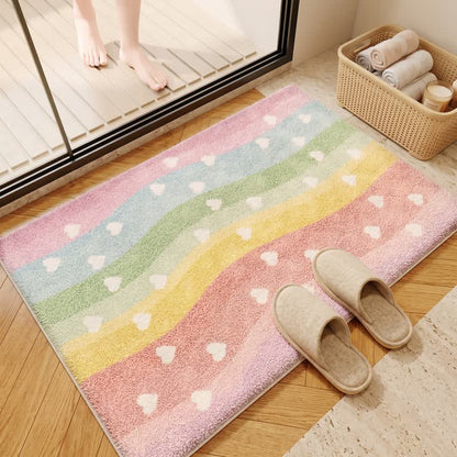 Rainbow Heart Non-Slip Faux Fur Bathroom Rug