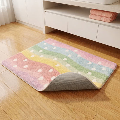 Rainbow Heart Non-Slip Faux Fur Bathroom Rug