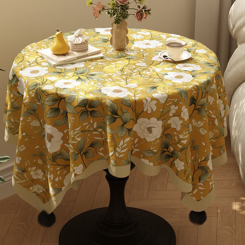 Camellia Floral Pom-Pom Trimmed Tablecloth