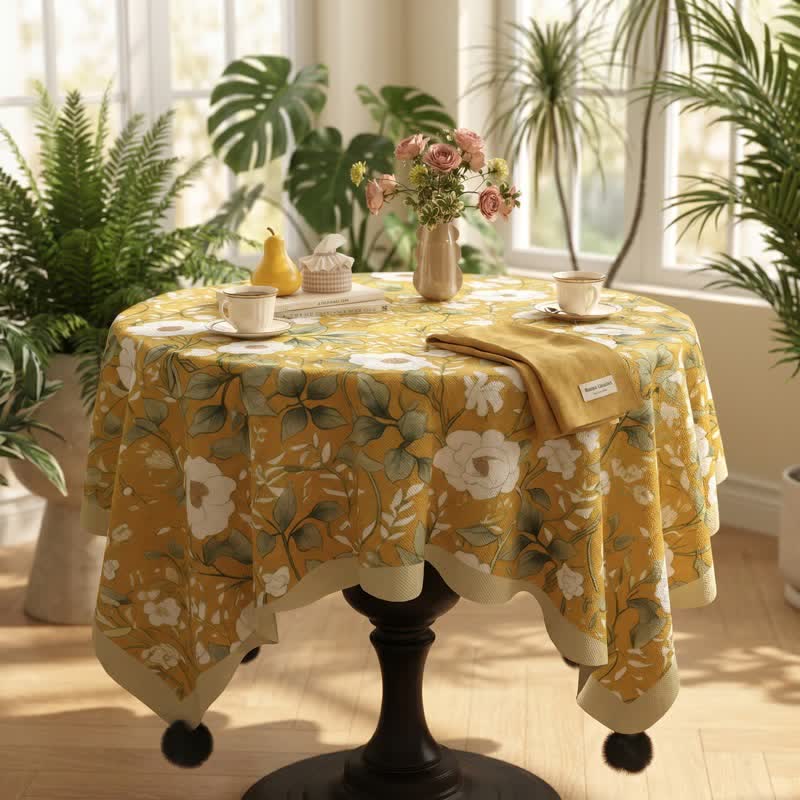 Camellia Floral Pom-Pom Trimmed Tablecloth
