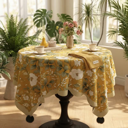 Camellia Floral Pom-Pom Trimmed Tablecloth
