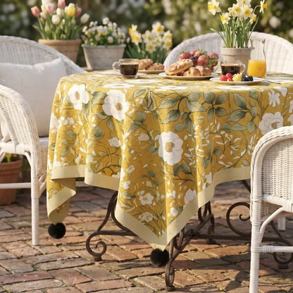 Camellia Floral Pom-Pom Trimmed Tablecloth