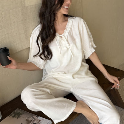 Solid Color Padded Ruffle Pajama Set