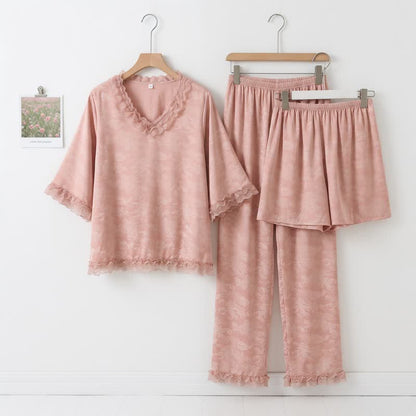 Pink Ruffle Trim Jacquard Pajama Set(3PCS)