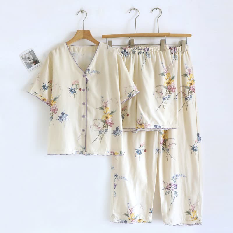 Iris Floral Cotton Women's Pajamas(3PCS)