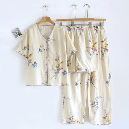 Iris Floral Cotton Women's Pajamas(3PCS)