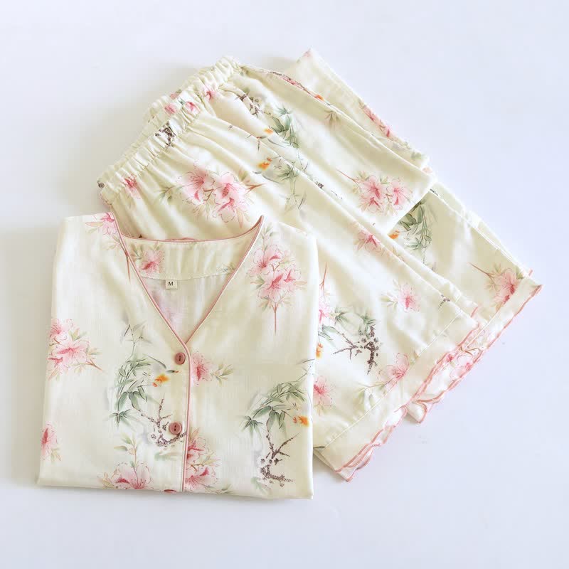 Floral Cotton Short Sleeve Pajama Set(3PCS)